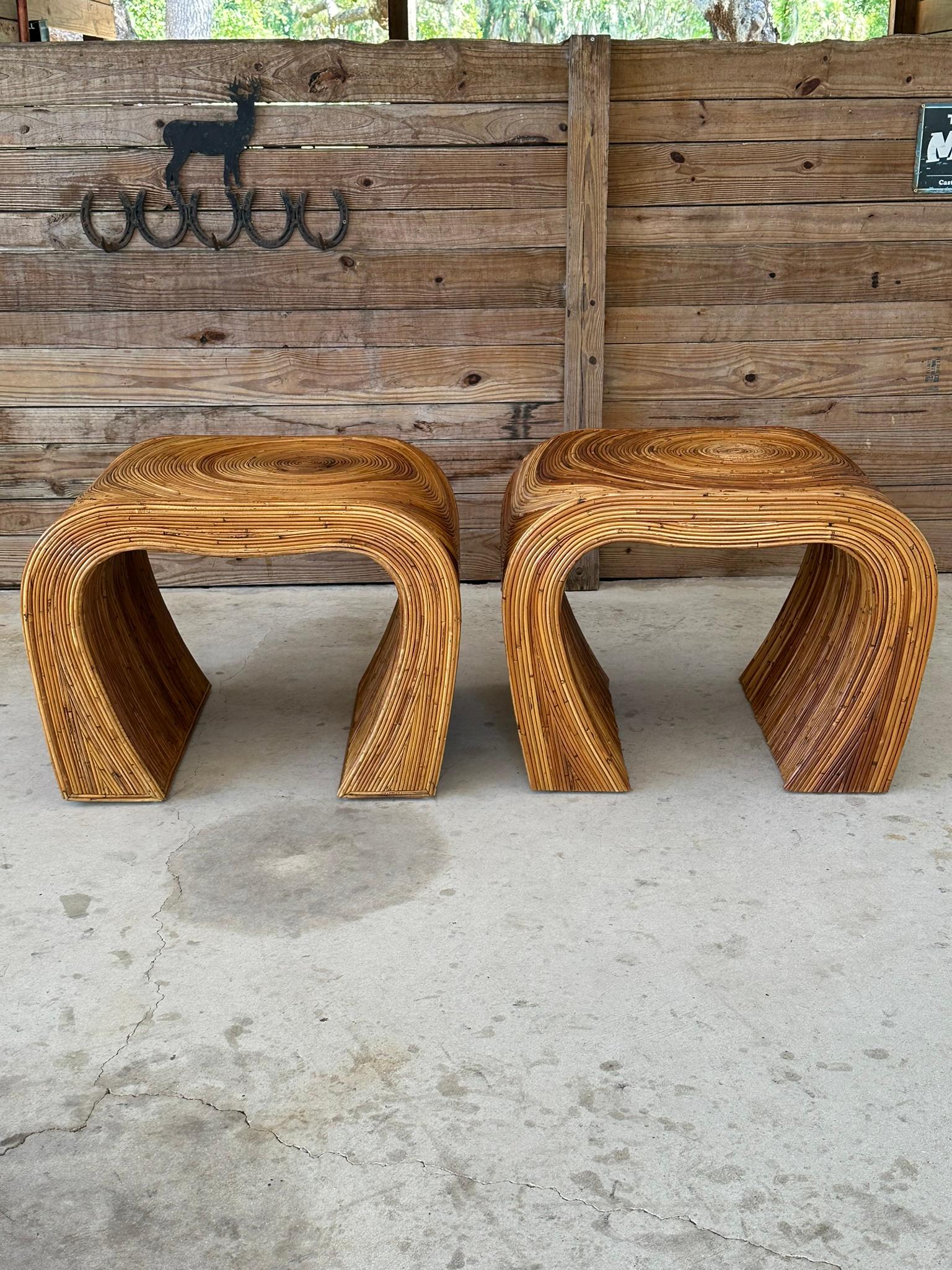 Mid 20th Century Coastal Boho Pencil Reed Rattan Refinished Side Tables Pair 2