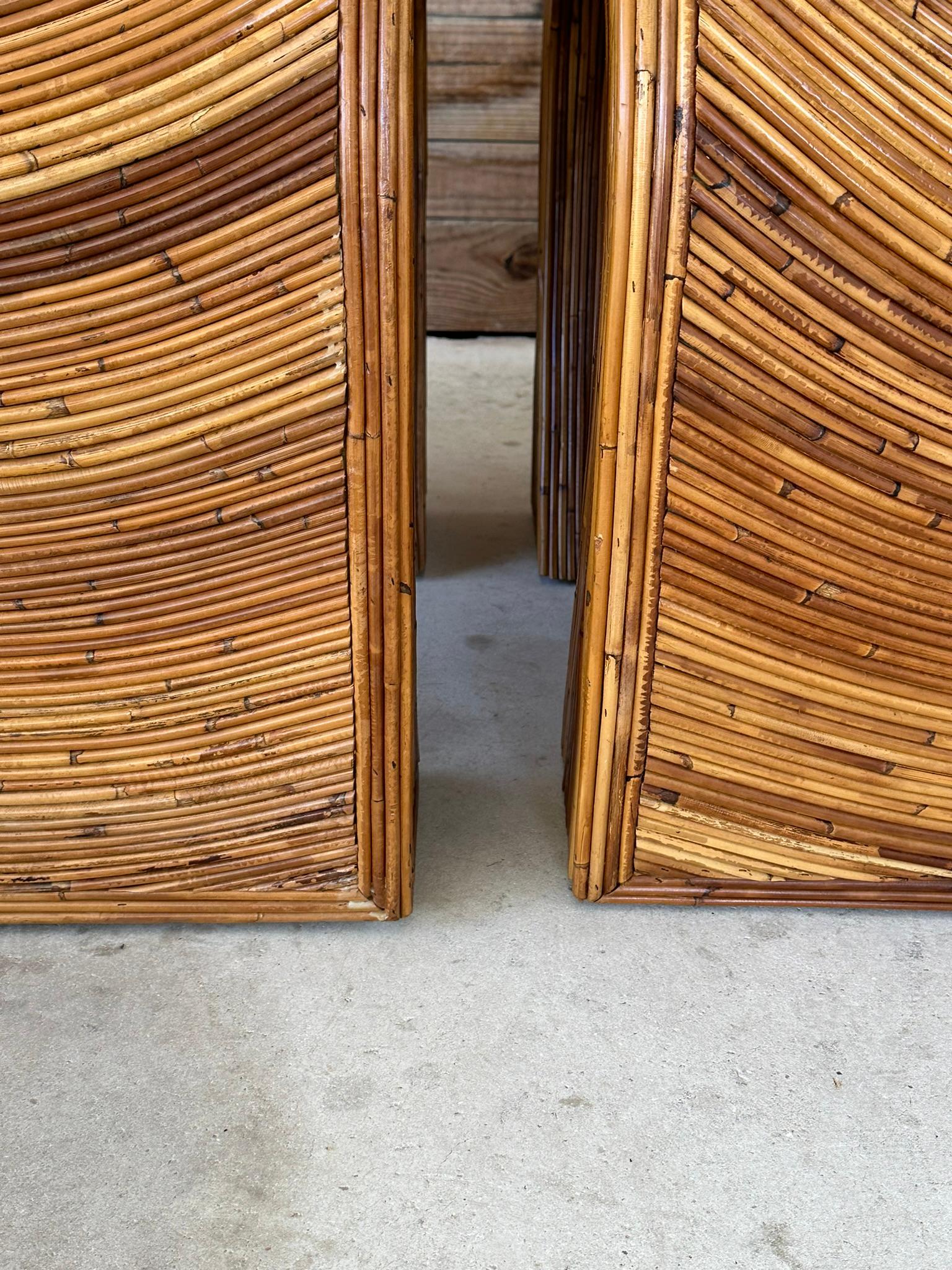 Mid 20th Century Coastal Boho Pencil Reed Rattan Refinished Side Tables Pair 3