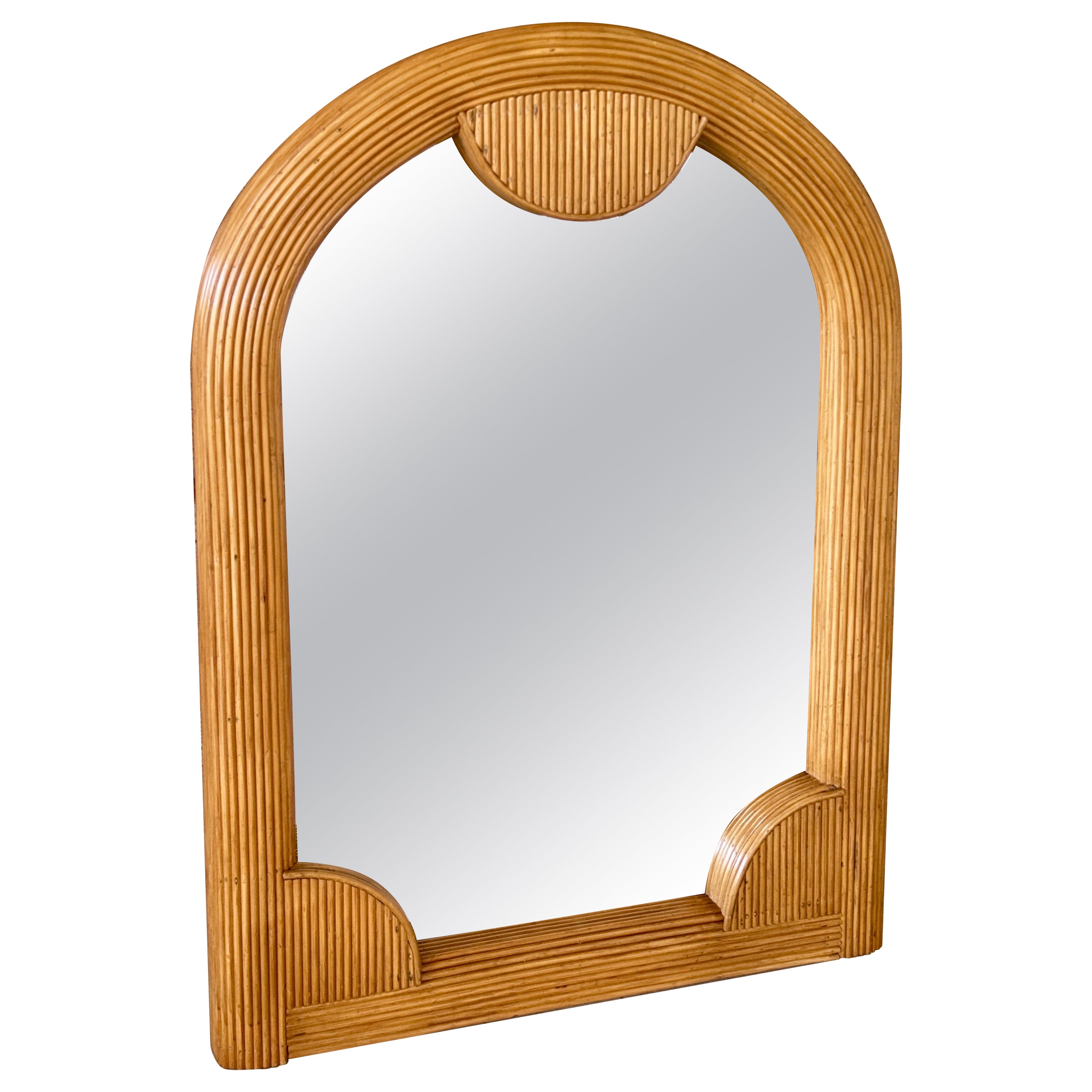 Mid-20th Century Coastal Boho Refinished Pencil Rattan Arched Wall Mirror en vente
