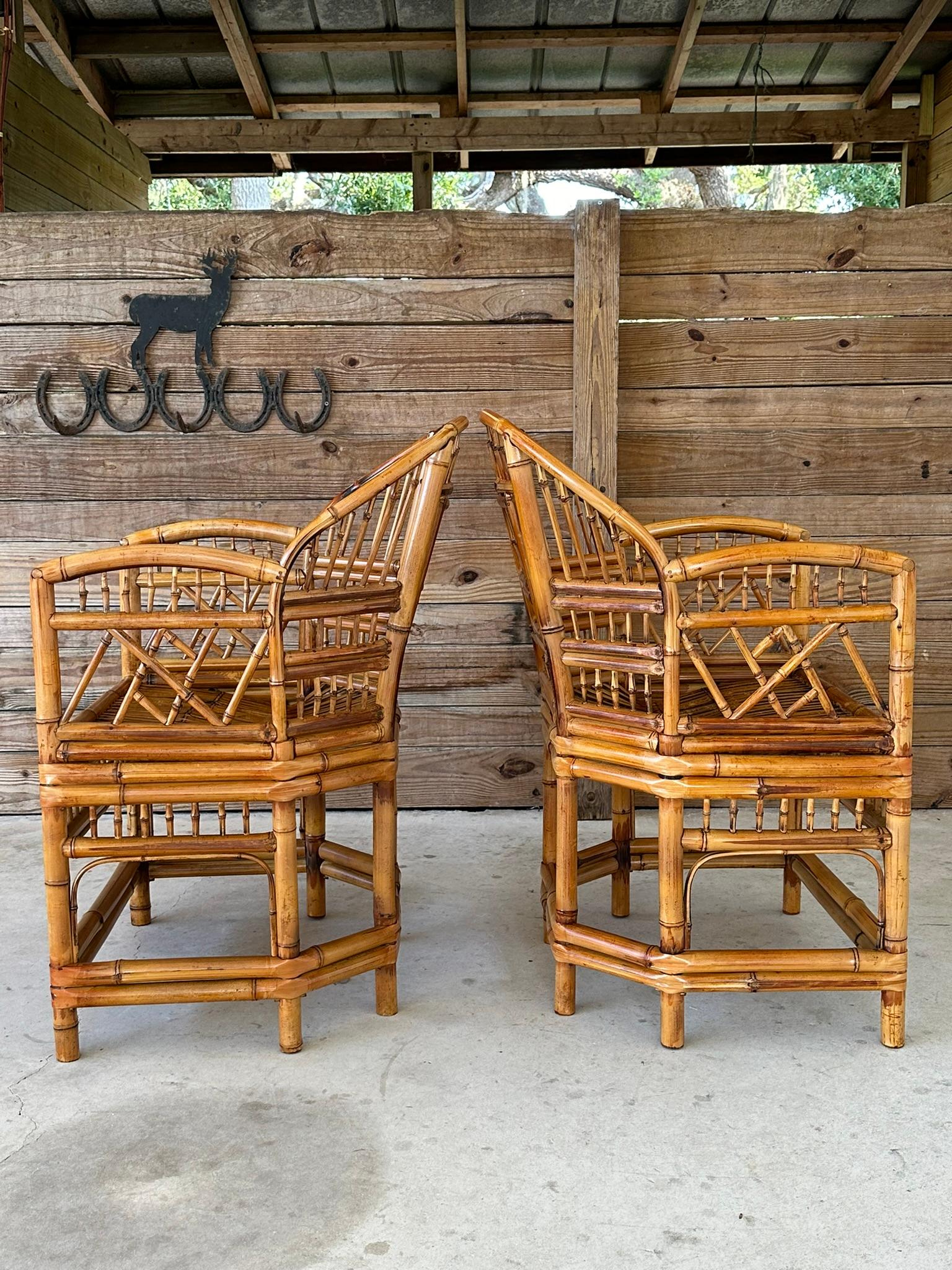 mid-20th Century Coastal Brighton Pavilion Bamboo Chippendale Side Armchairs PR 2