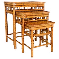 Mid-20th Century Coastal Burnt Bamboo Stacking Tables-Set of Three Mid-20th Century Coastal Burnt Bamboo Stacking Tables-Set of Three