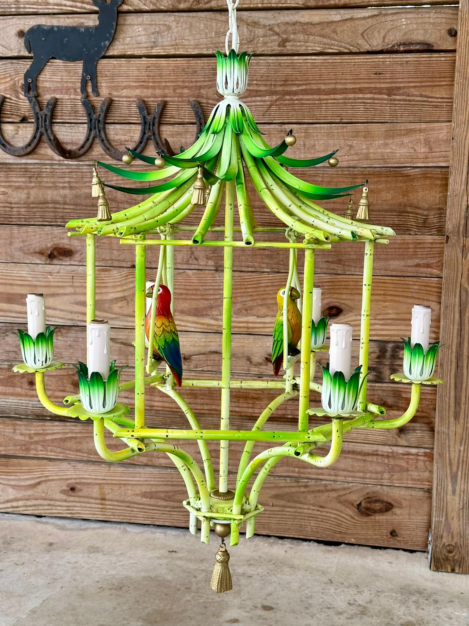 Mid-20th Century Coastal Chinoiserie Regency Pagoda tole Faux Bamboo Chandelier 10
