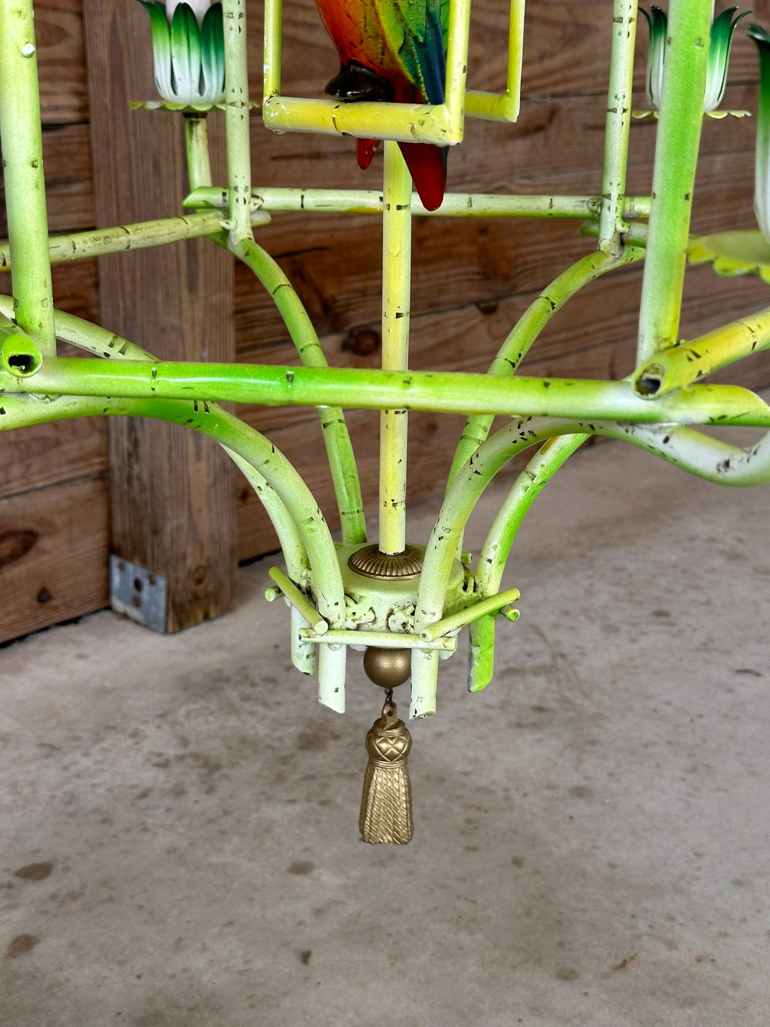 Hand-Crafted Mid-20th Century Coastal Chinoiserie Regency Pagoda tole Faux Bamboo Chandelier