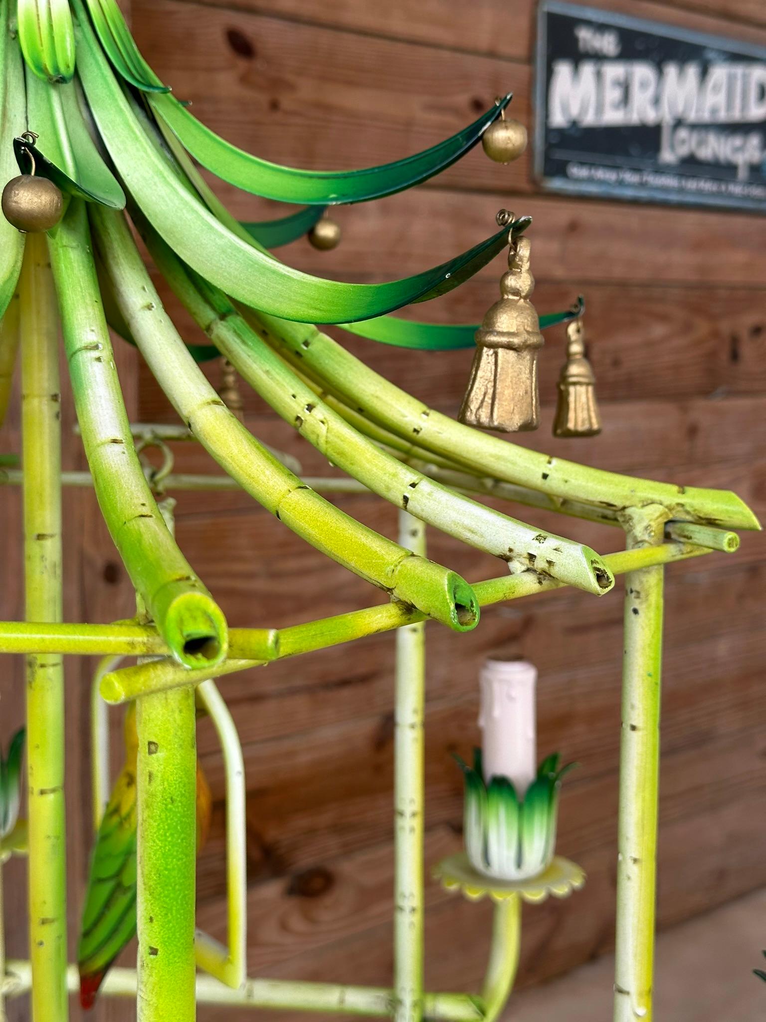 Metal Mid-20th Century Coastal Chinoiserie Regency Pagoda tole Faux Bamboo Chandelier