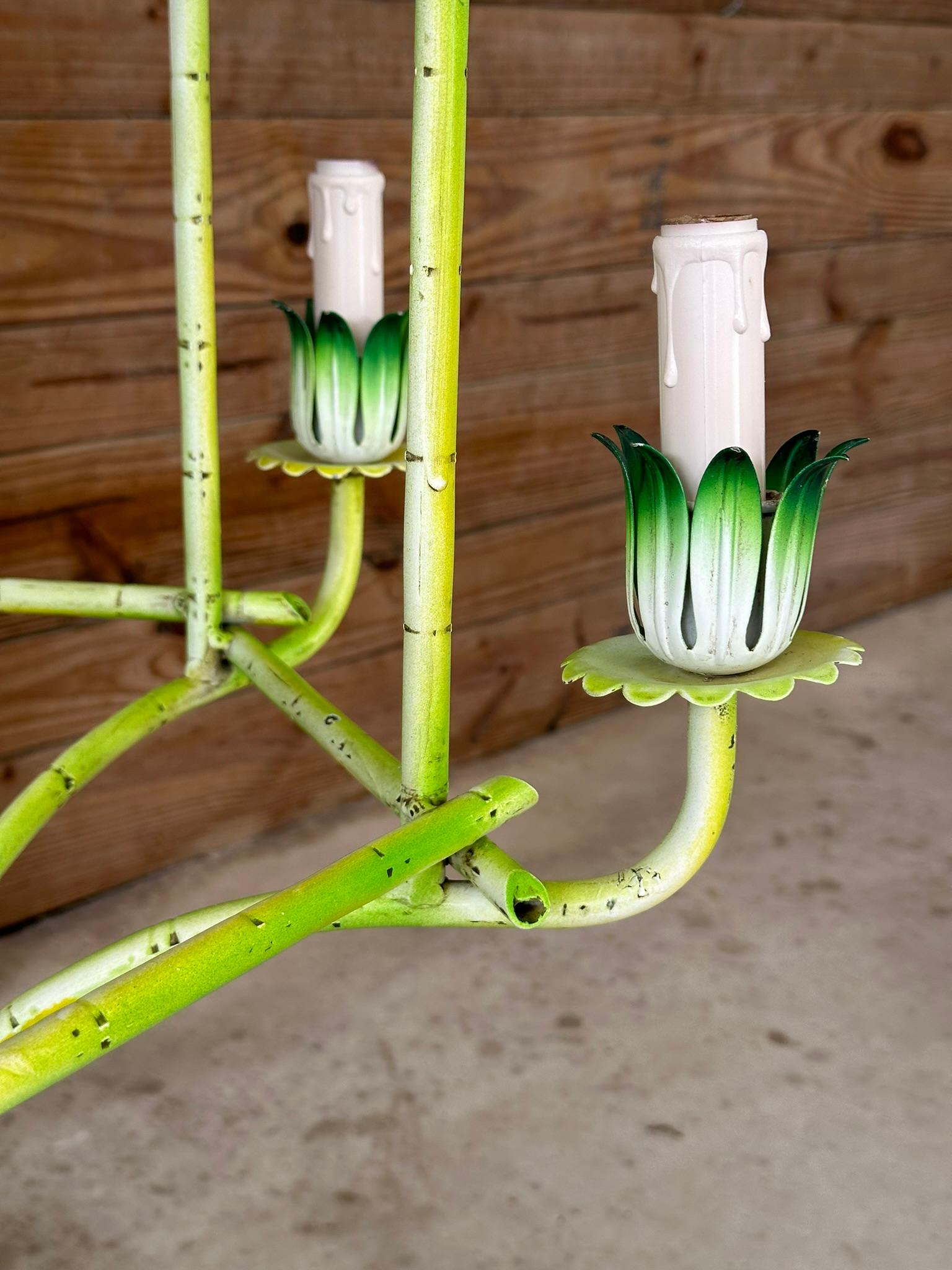 Mid-20th Century Coastal Chinoiserie Regency Pagoda tole Faux Bamboo Chandelier 1