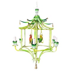 Mid-20th Century Coastal Chinoiserie Regency Pagoda tole Faux Bamboo Chandelier