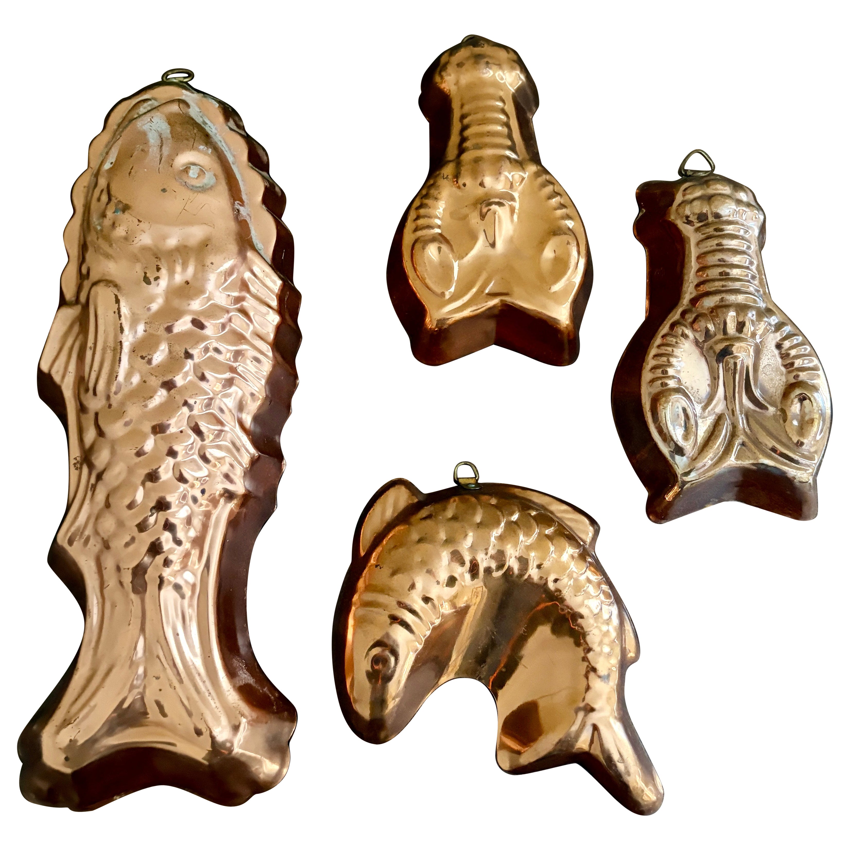 Mid 20th Century Coastal Copper Molds of Fish and Lobster, Set of 4