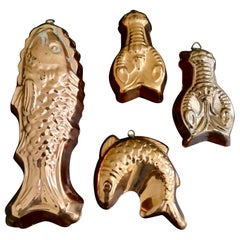 Mid 20th Century Coastal Copper Molds of Fish and Lobster, Set of 4
