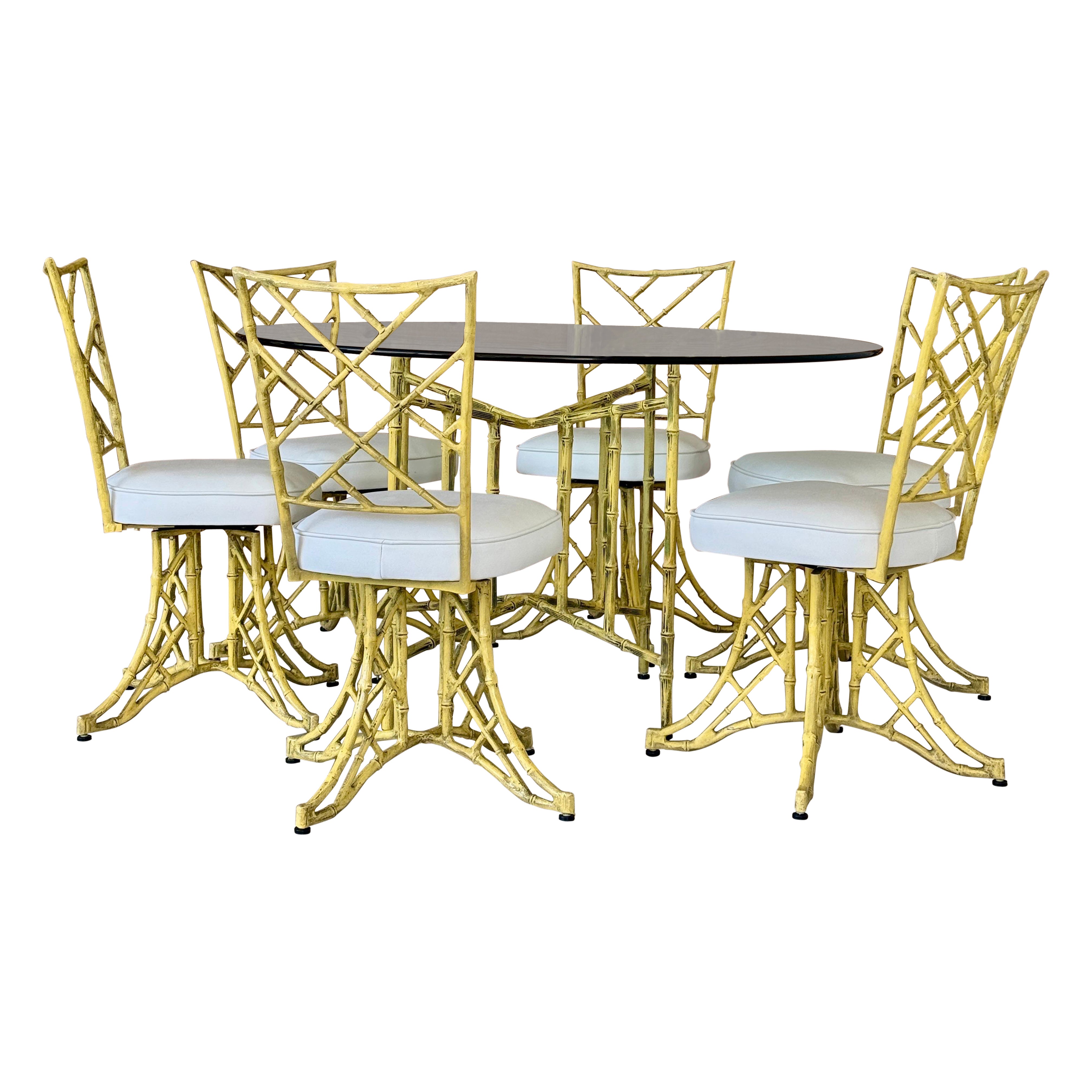Mid-20th Century Coastal Regency Faux Bamboo Metal Chippendale Custom Upholstere For Sale