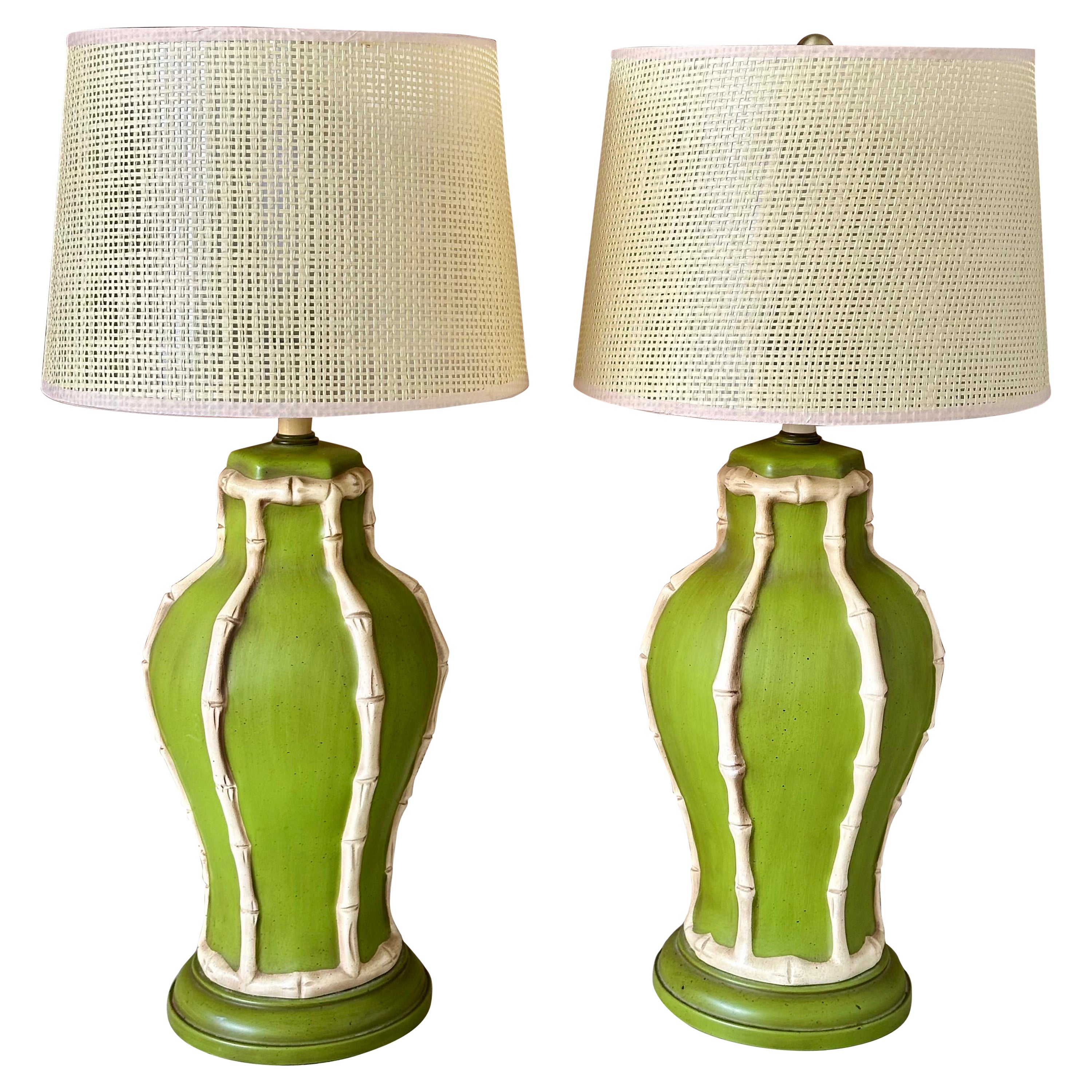 Mid-20th Century Coastal Regency Faux Bamboo Metal Ginger Jar Table Lamps Pair