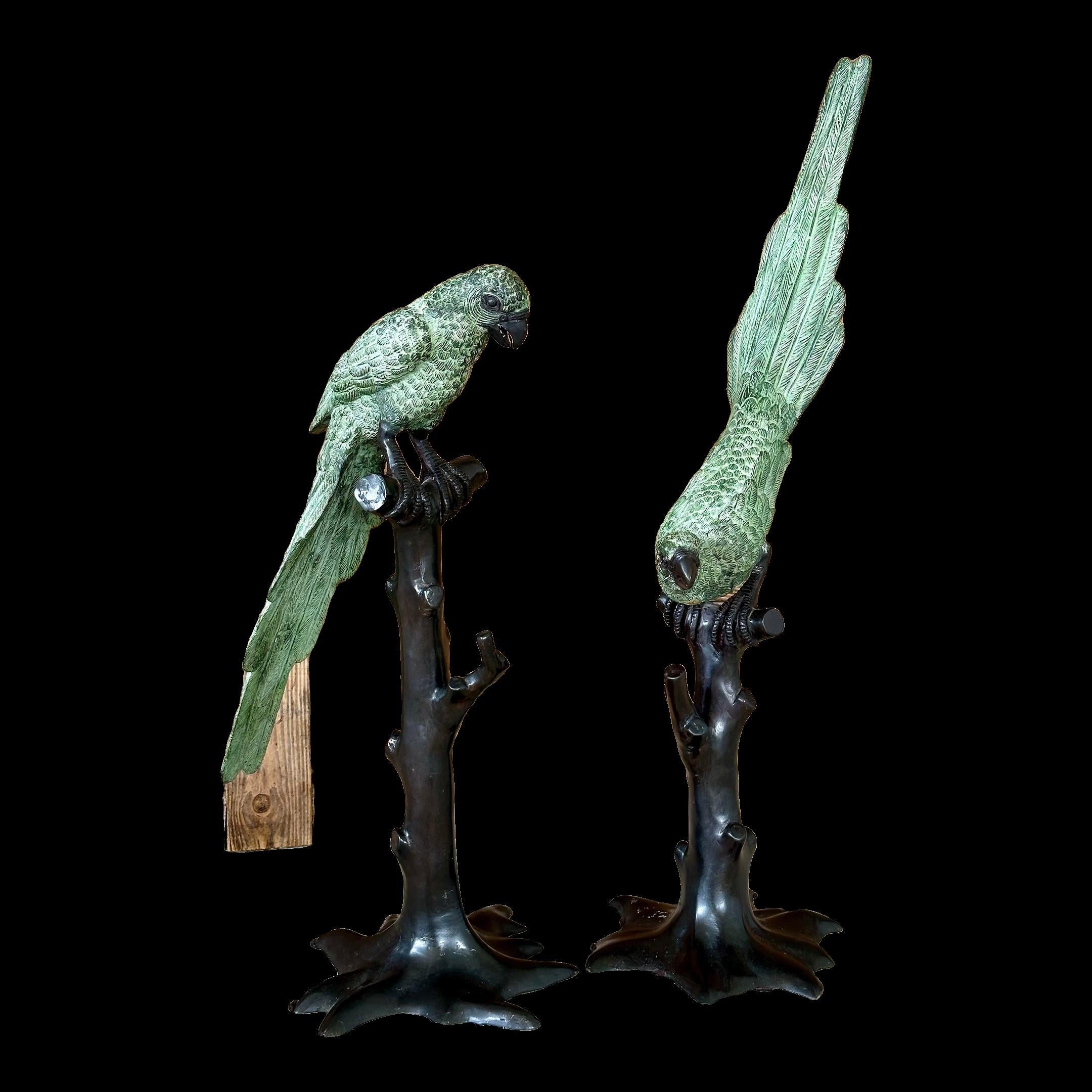 Ein fabelhaftes Paar Papageienstatuen aus Bronze mit Grünspan-Finish auf schwarzen Sockeln, die Ihrer Einrichtung ein tropisches Küstenflair verleihen. Diese atemberaubenden Stücke sehen in einem Regal oder als Bodendekoration fantastisch aus und