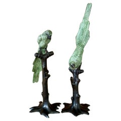 Estatuas de loros de mediados del siglo XX, Art Decó tropical costero, bronce y verdigris - Pareja