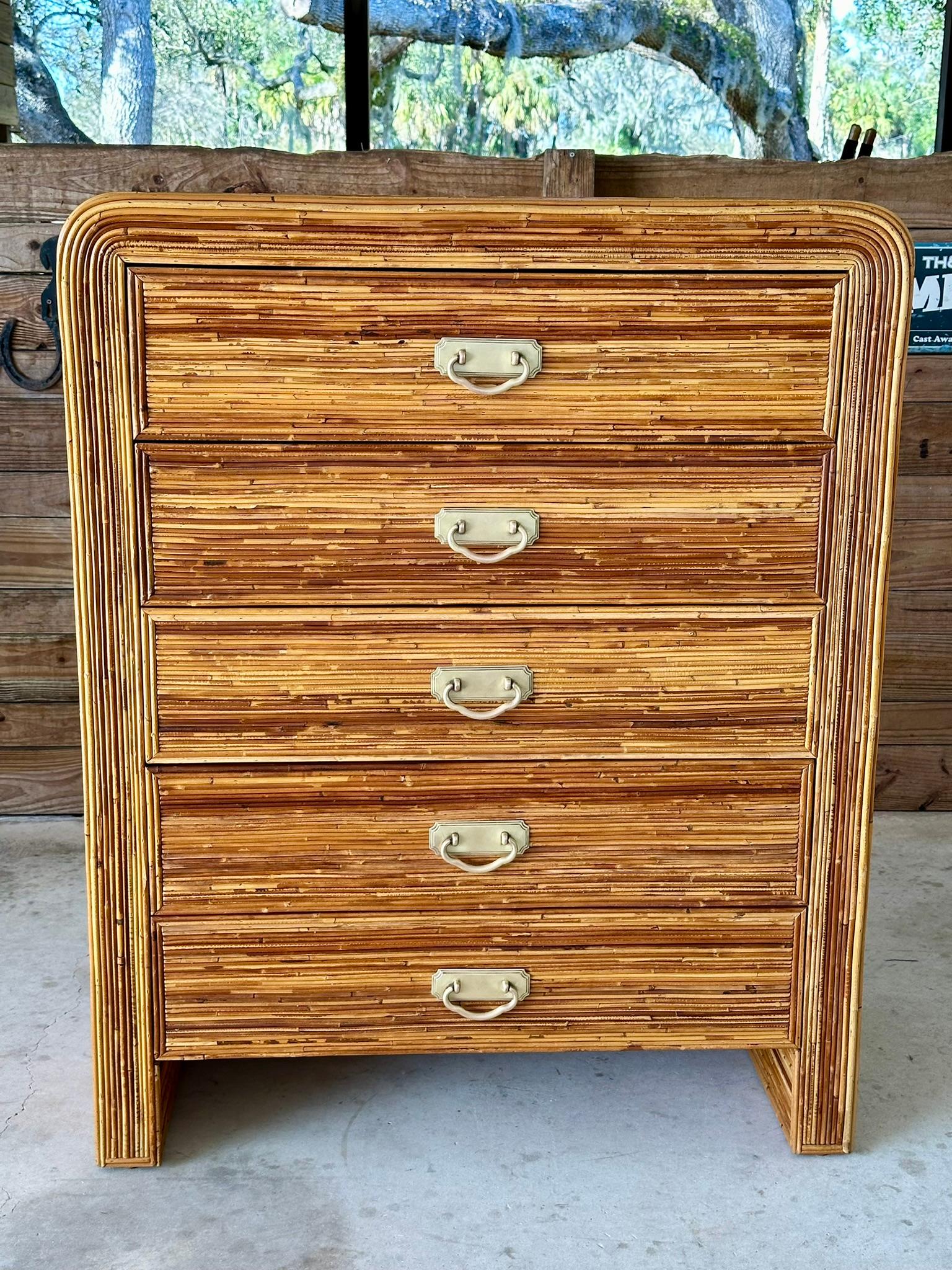 Mid-20th Century Coastal Waterfall Highboy Pencil Reed Rattan Chest of Drawers 4