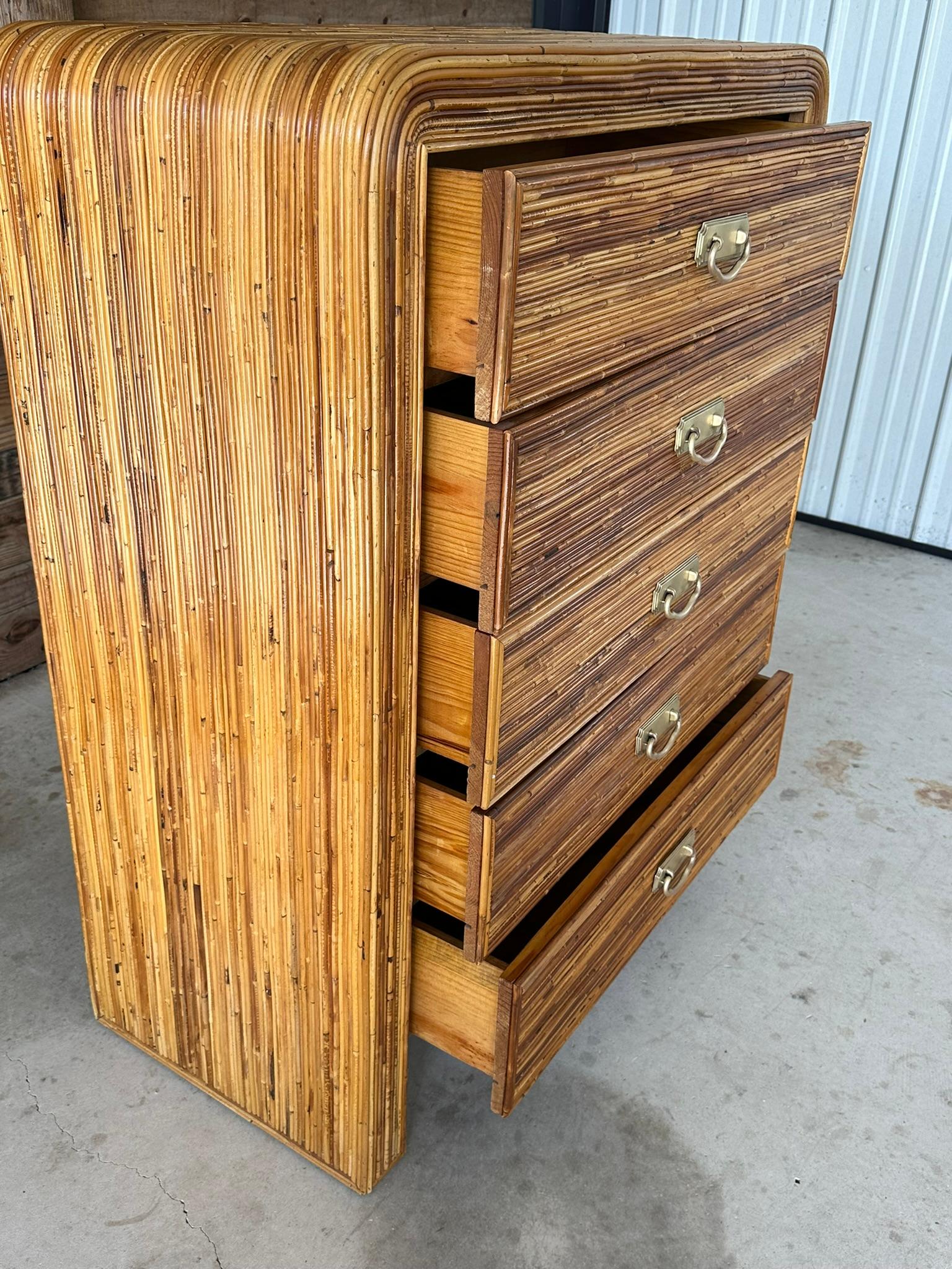 Mid-20th Century Coastal Waterfall Highboy Pencil Reed Rattan Chest of Drawers 10