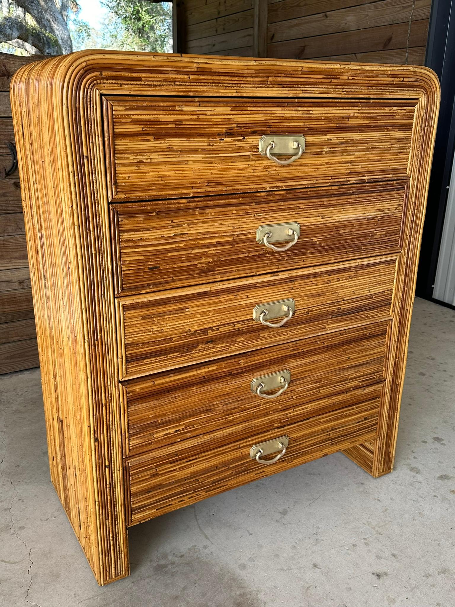 Mid-20th Century Coastal Waterfall Highboy Pencil Reed Rattan Chest of Drawers 11