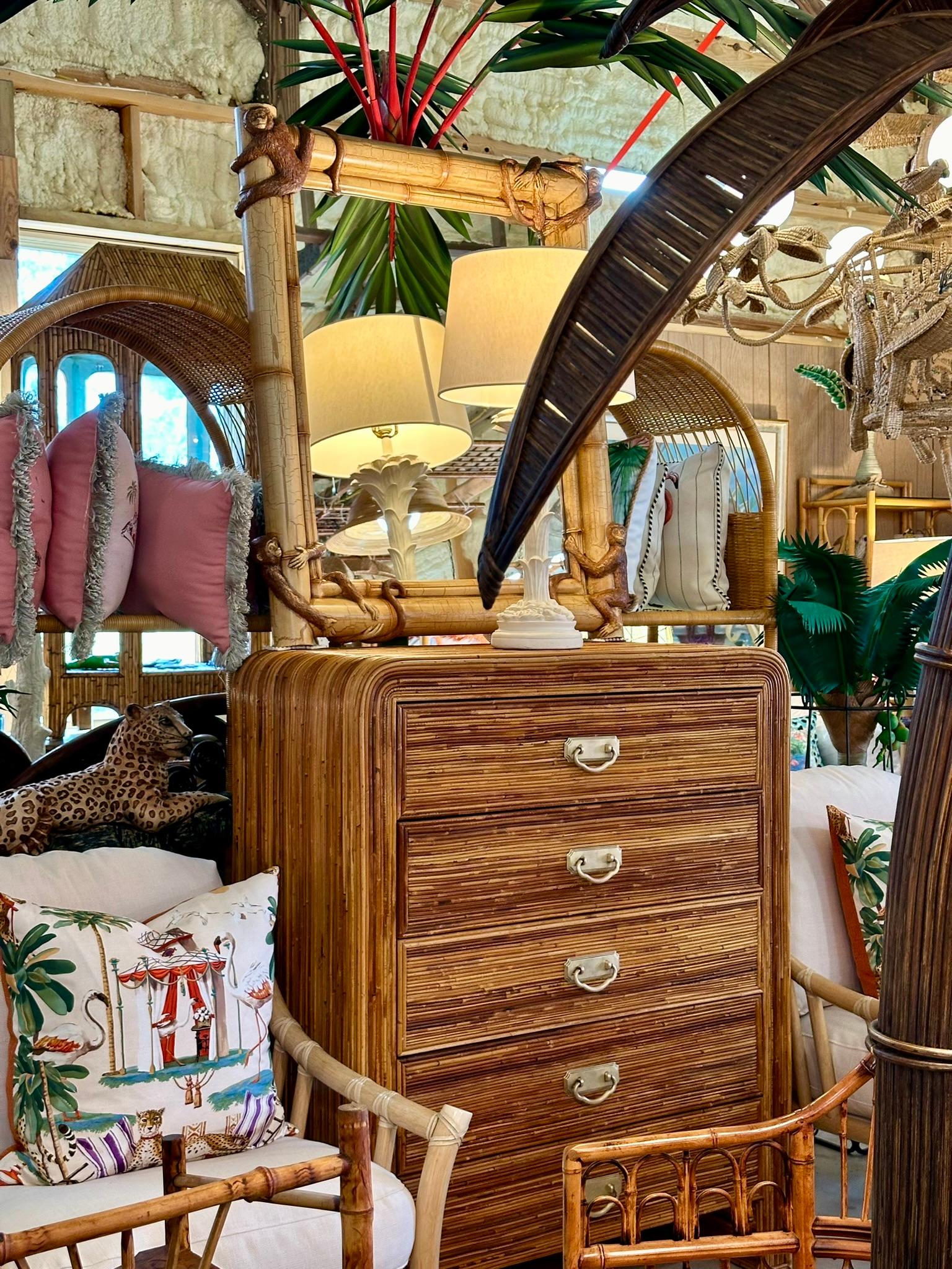 Mid-20th Century Coastal Waterfall Highboy Pencil Reed Rattan Chest of Drawers 12