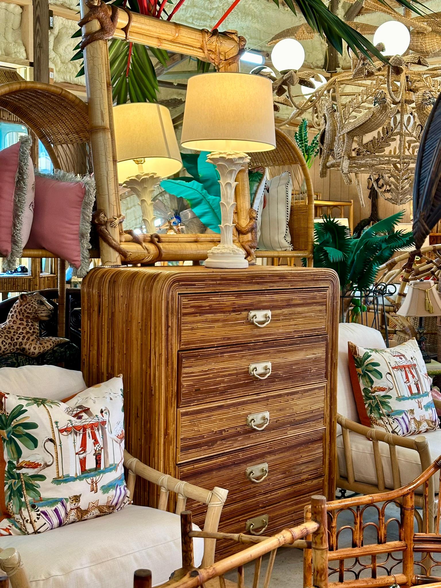 Mid-20th Century Coastal Waterfall Highboy Pencil Reed Rattan Chest of Drawers 13