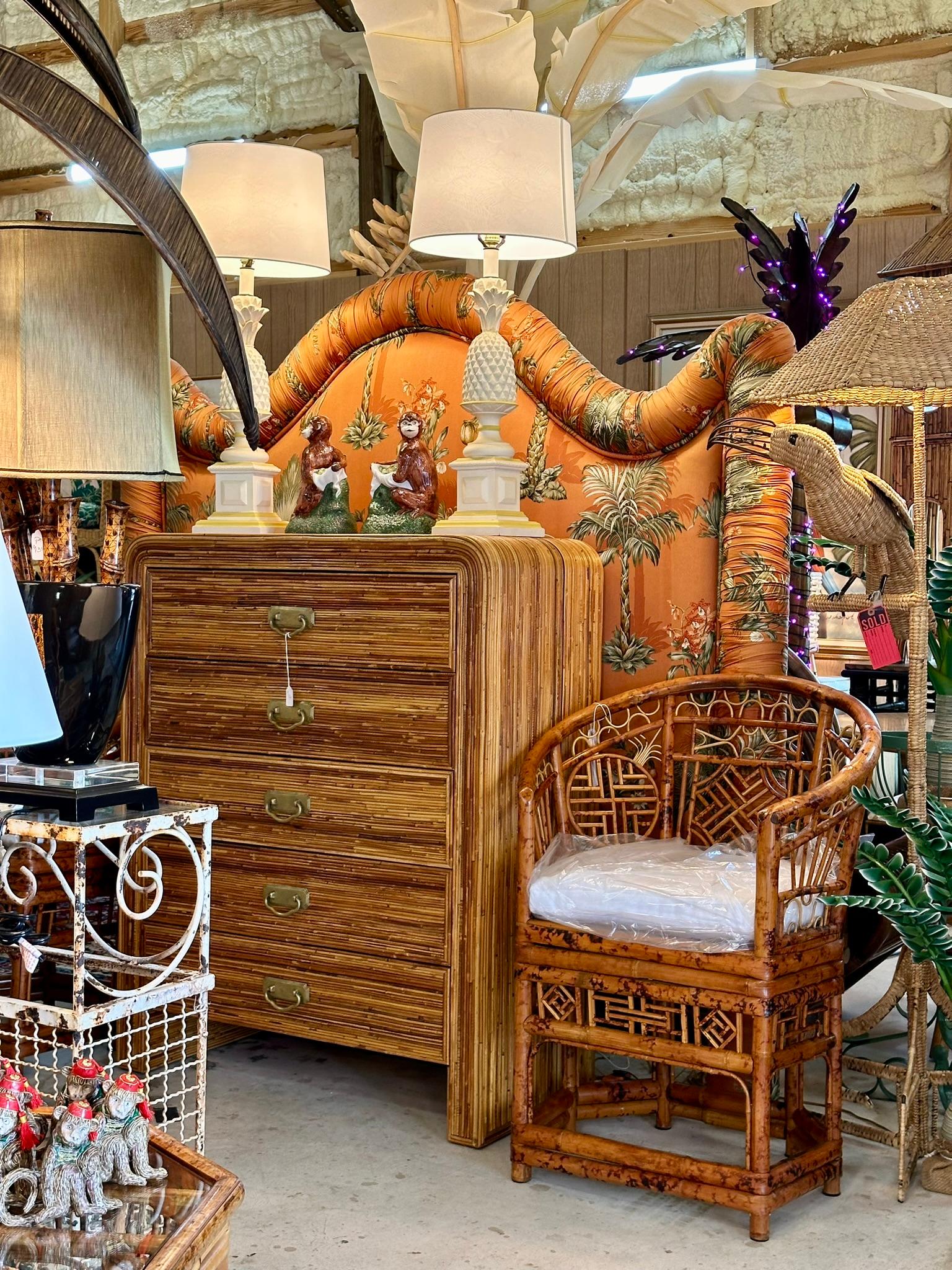 Mid-20th Century Coastal Waterfall Highboy Pencil Reed Rattan Chest of Drawers 14