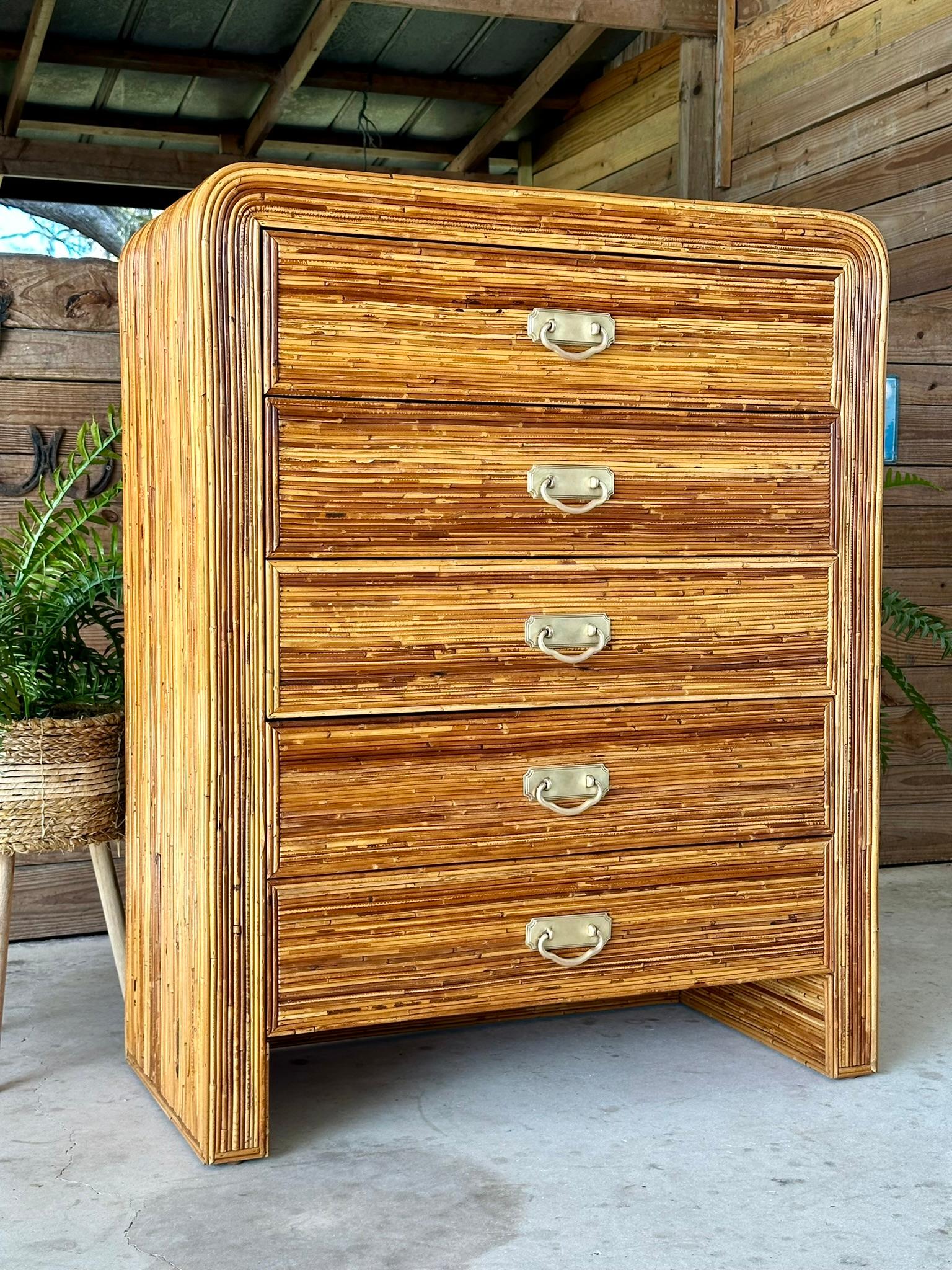 Bohemian Mid-20th Century Coastal Waterfall Highboy Pencil Reed Rattan Chest of Drawers