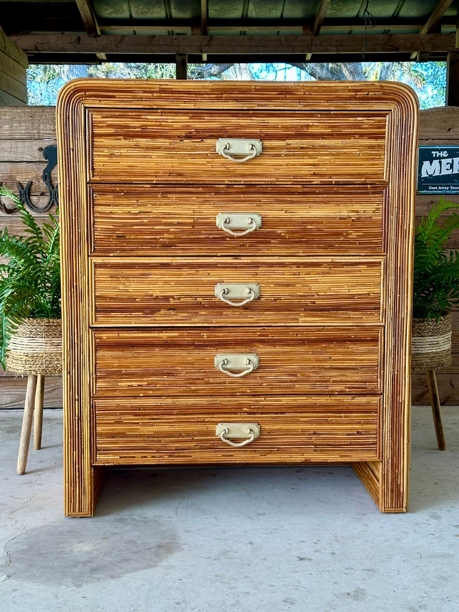 American Mid-20th Century Coastal Waterfall Highboy Pencil Reed Rattan Chest of Drawers