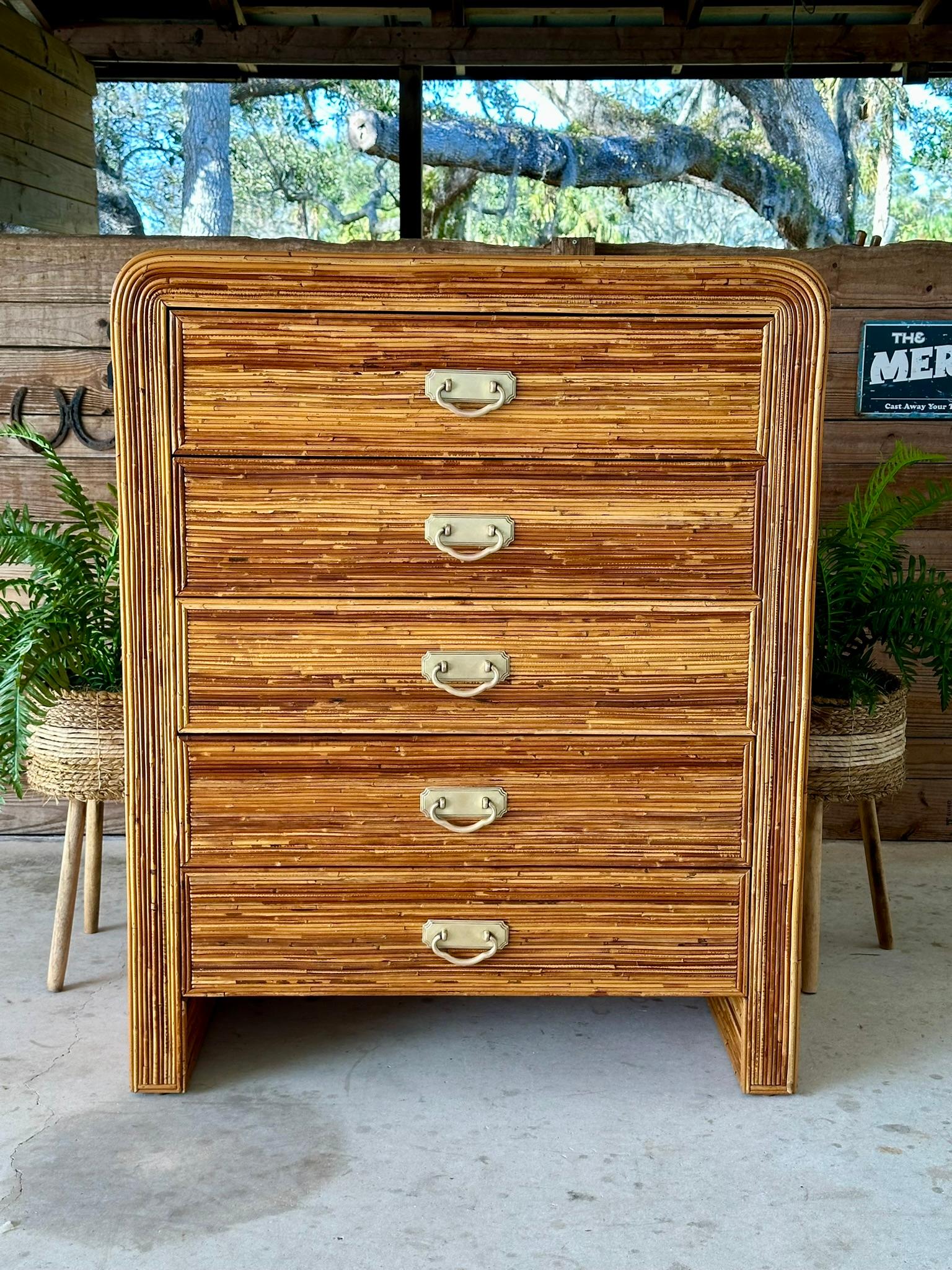 Hand-Crafted Mid-20th Century Coastal Waterfall Highboy Pencil Reed Rattan Chest of Drawers