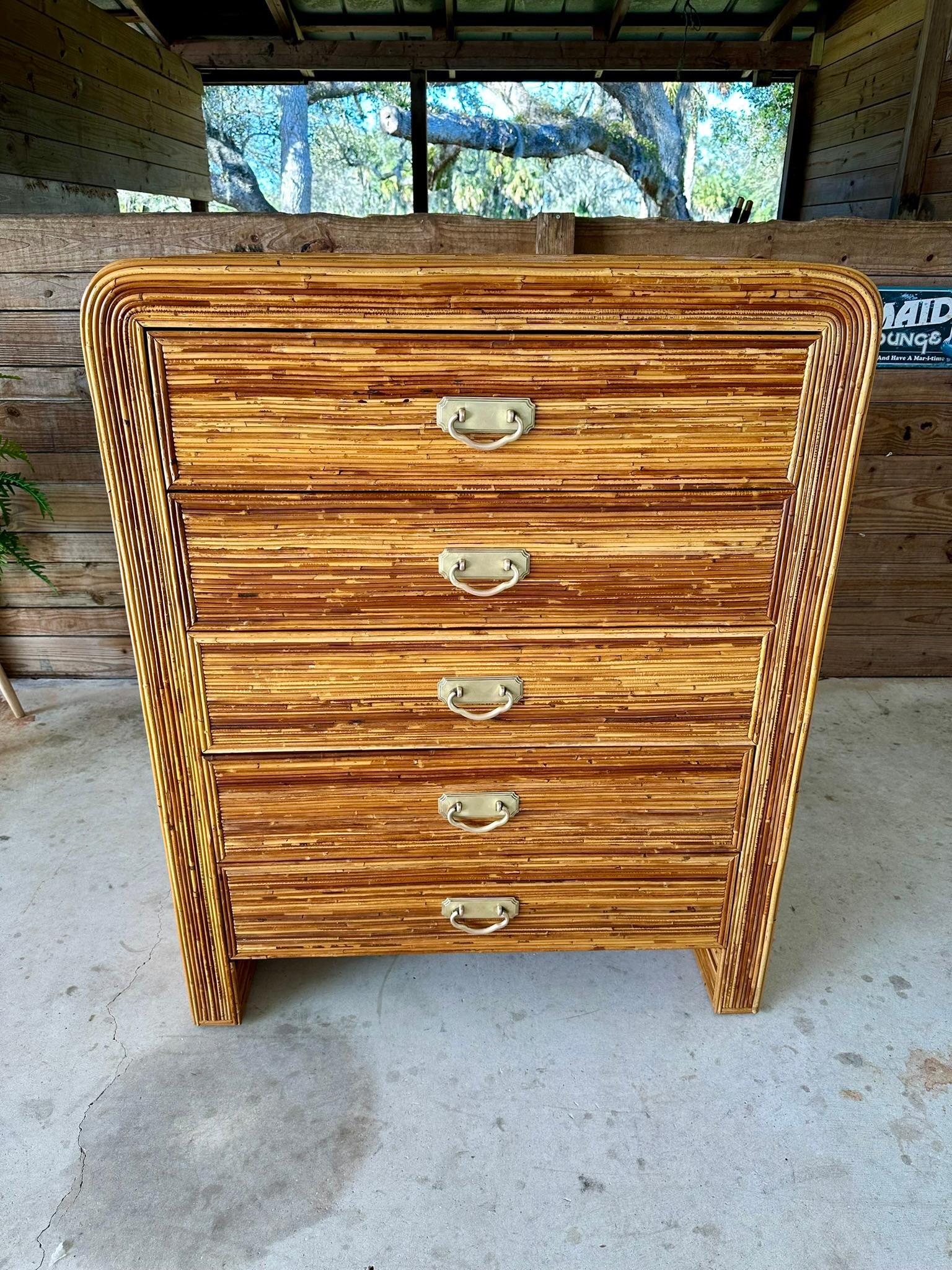 Mid-20th Century Coastal Waterfall Highboy Pencil Reed Rattan Chest of Drawers In Good Condition In North Fort Myers, FL