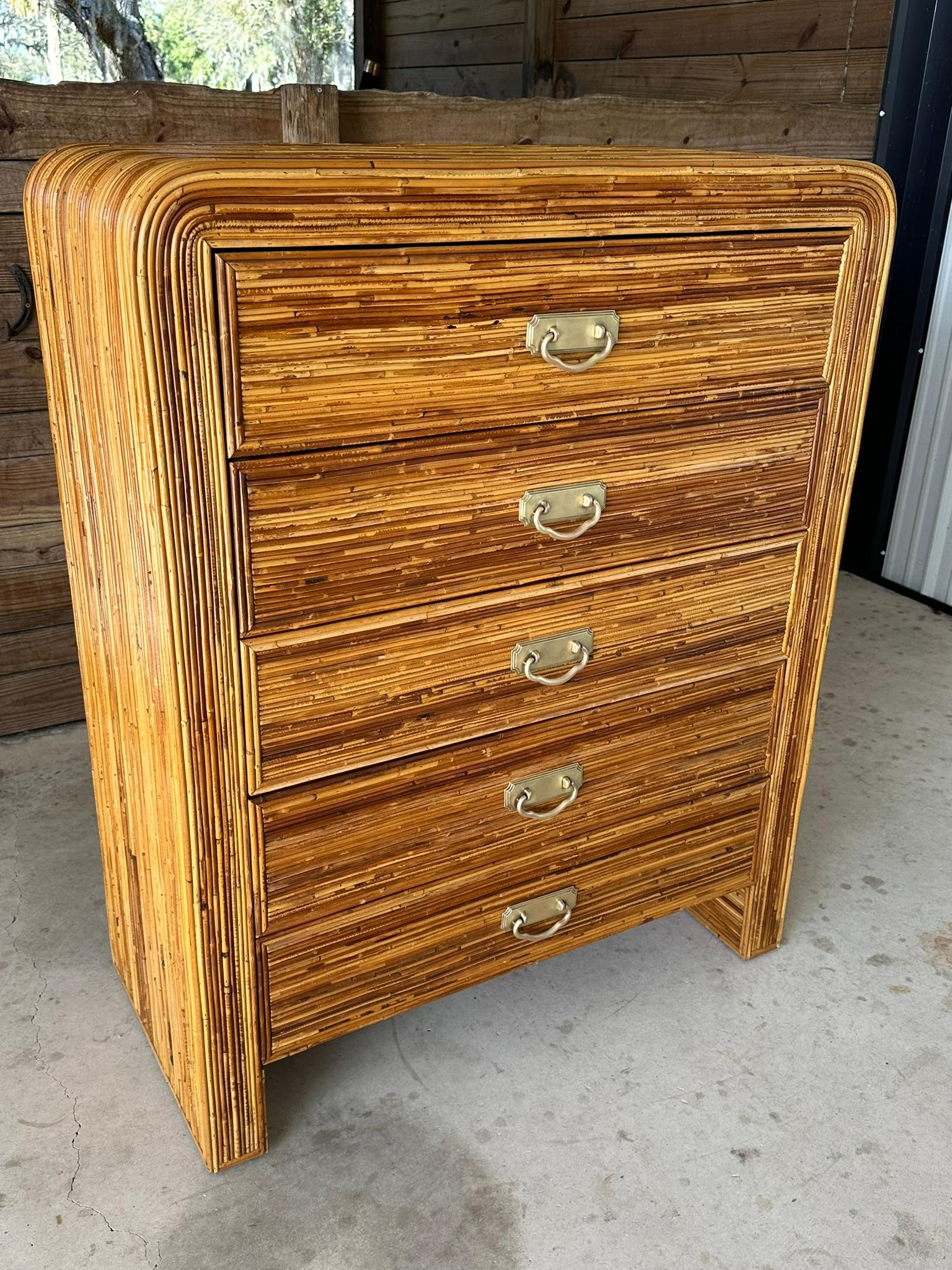 Mid-20th Century Coastal Waterfall Highboy Pencil Reed Rattan Chest of Drawers 1