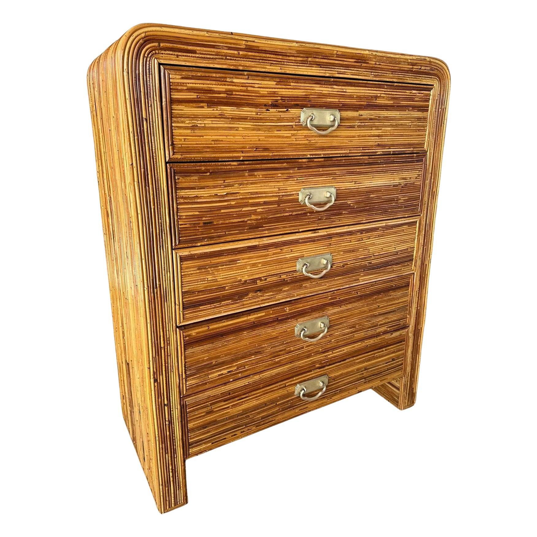 Mid-20th Century Coastal Waterfall Highboy Pencil Reed Rattan Chest of Drawers