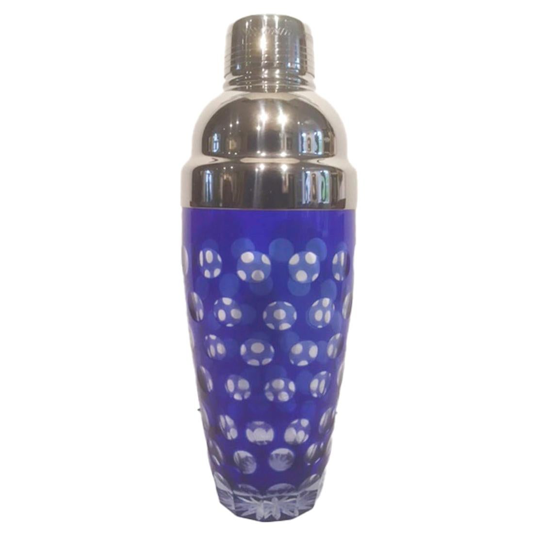 Mid 20th Century Cobalt Cut to Clear Cocktail Shaker with Chrome Top
