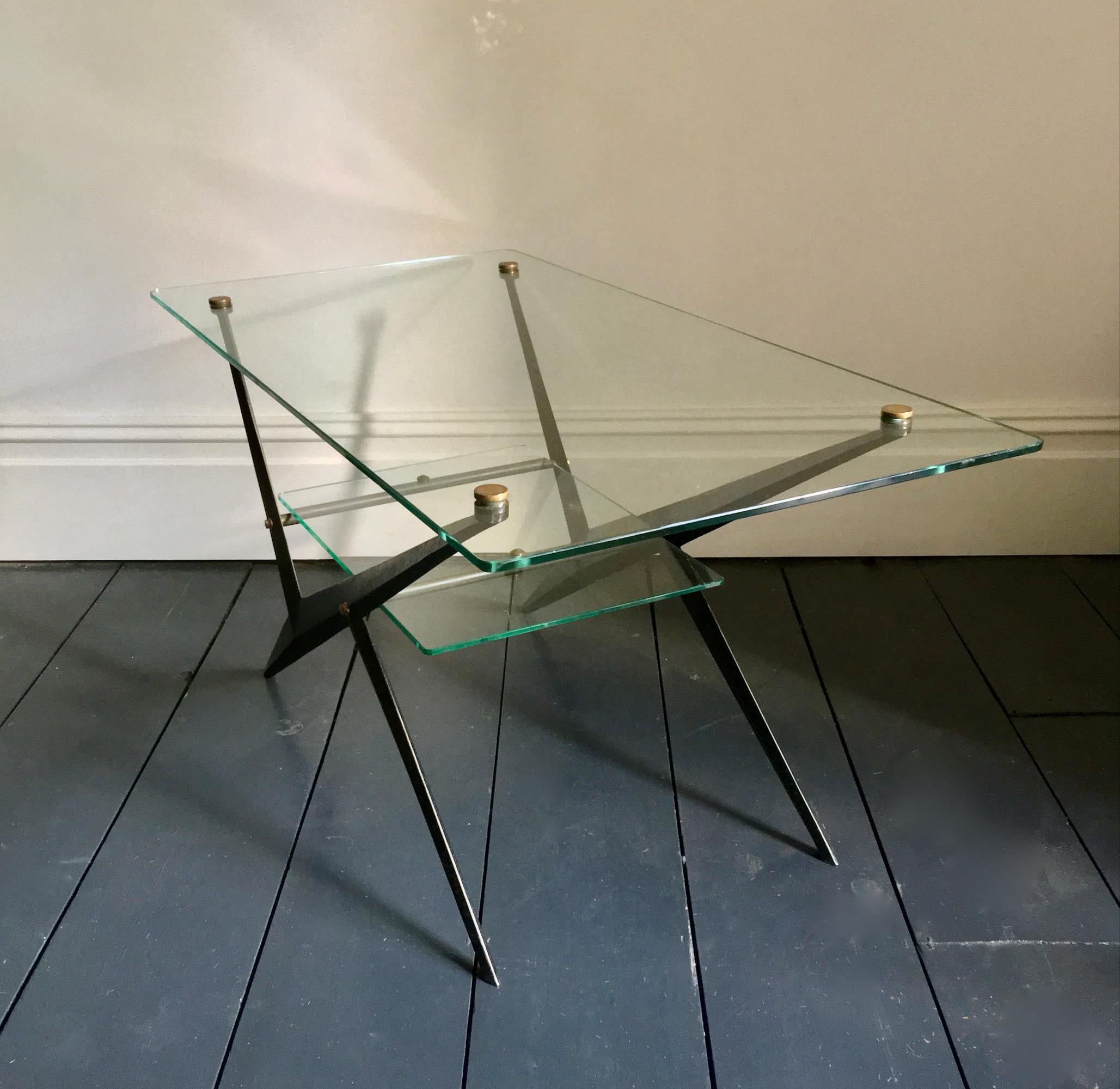 Mid-Century Modern Mid-20th Century Coffee Table with Glass Tiers and Black Frame by Angelo Ostuni