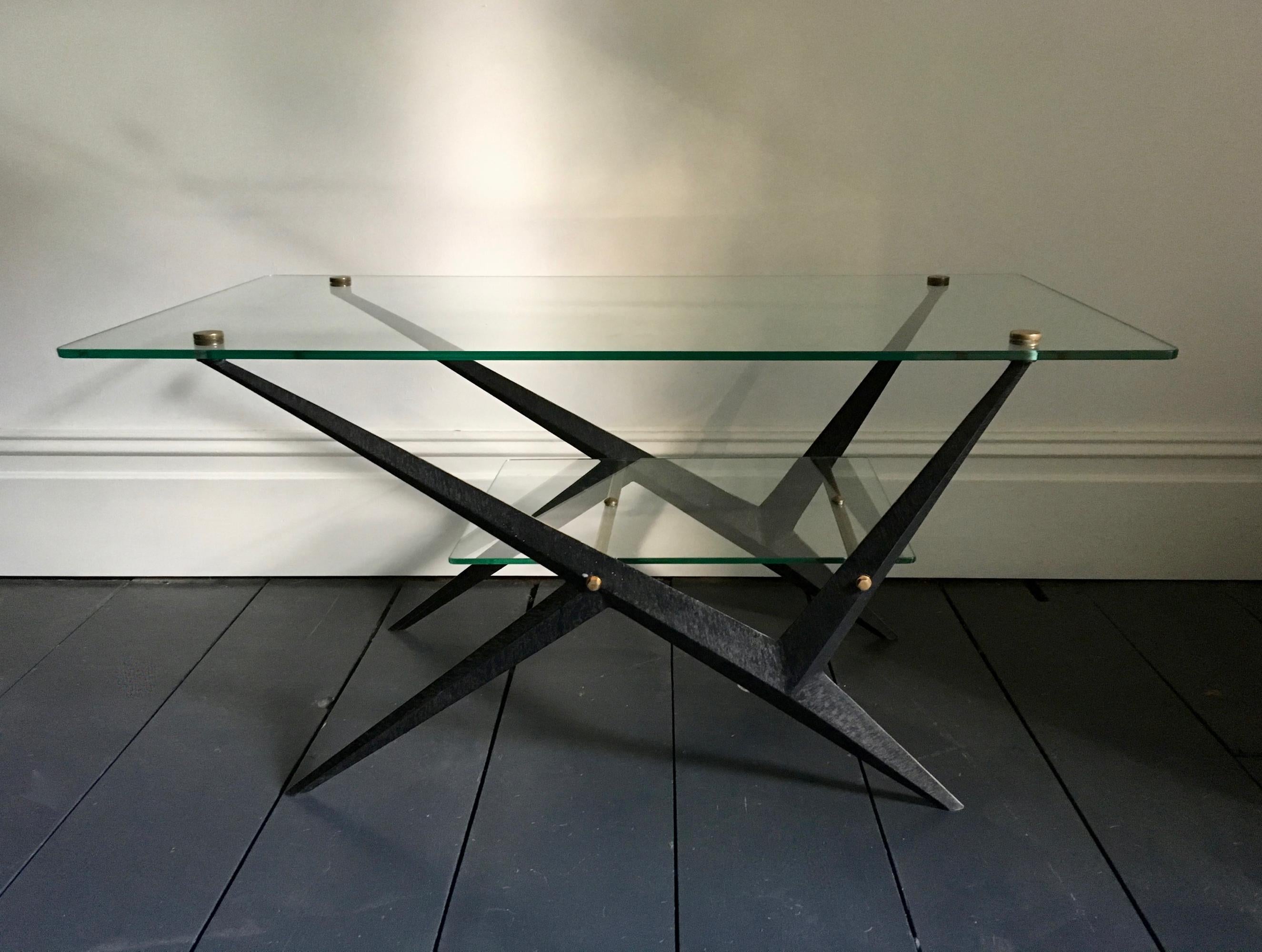 European Mid-20th Century Coffee Table with Glass Tiers and Black Frame by Angelo Ostuni