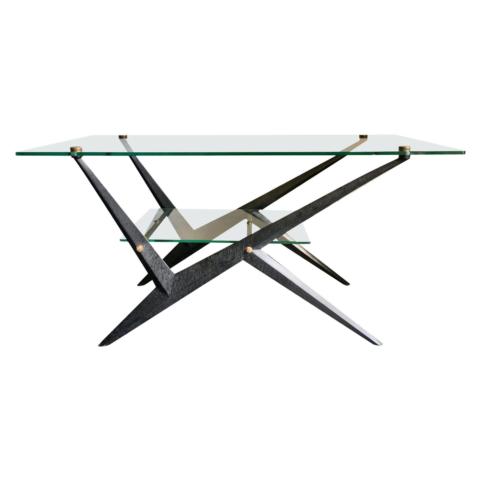 Mid-20th Century Coffee Table with Glass Tiers and Black Frame by Angelo Ostuni