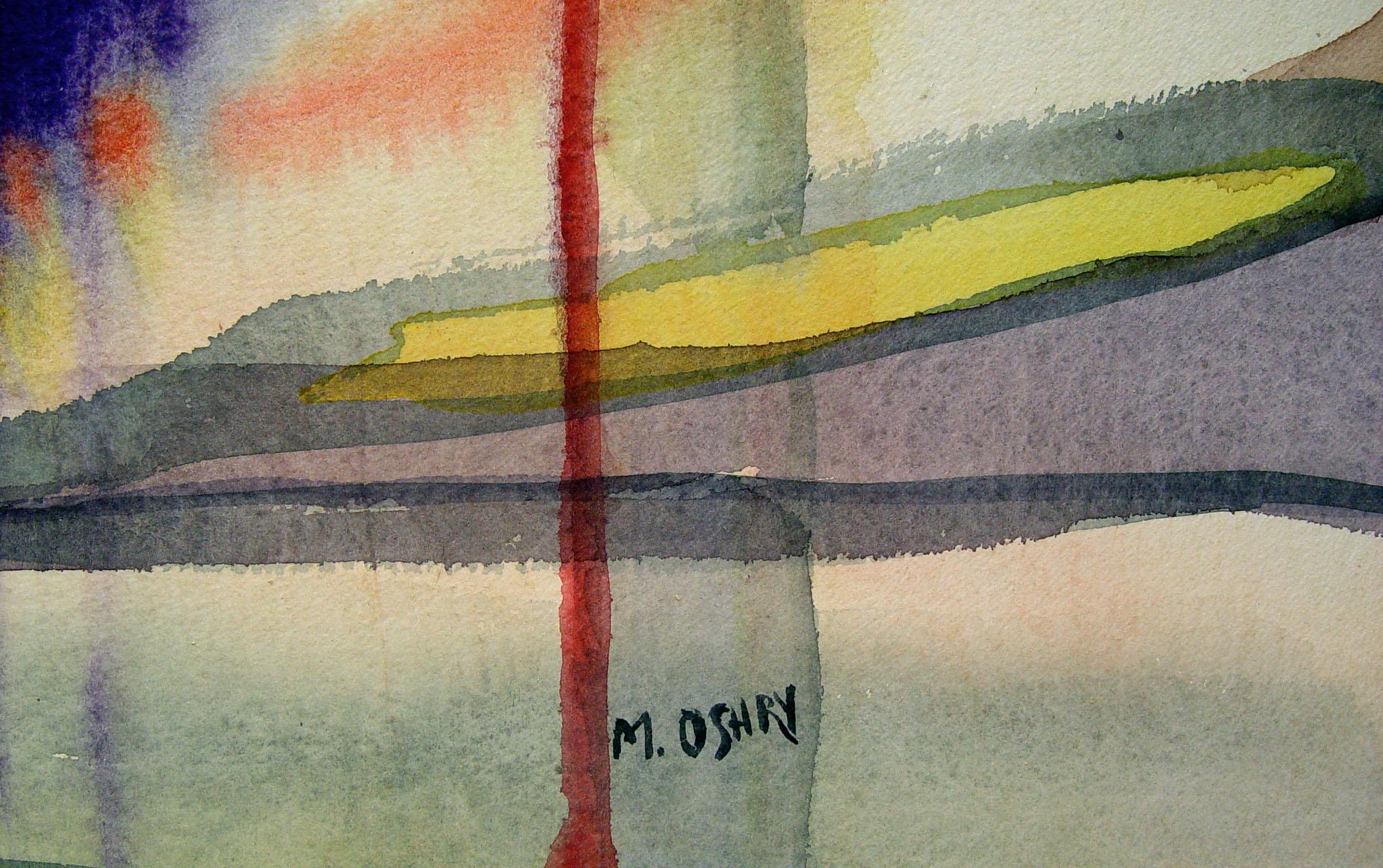Vintage mid century watercolor on paper abstract by Marguerite Oshry (20th century), Texas. Unframed, displayed mounted to original backing, edge wear.
