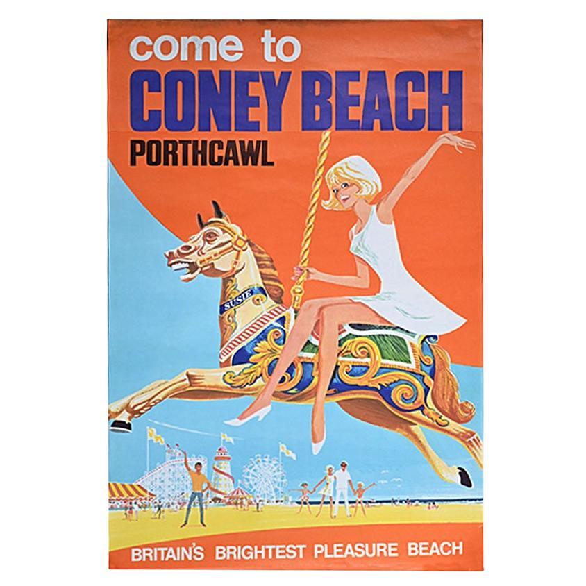 Affiche lithographique du milieu du 20e siècle sur le parc d'attractions britannique de Coney Beach Porthcawl 
