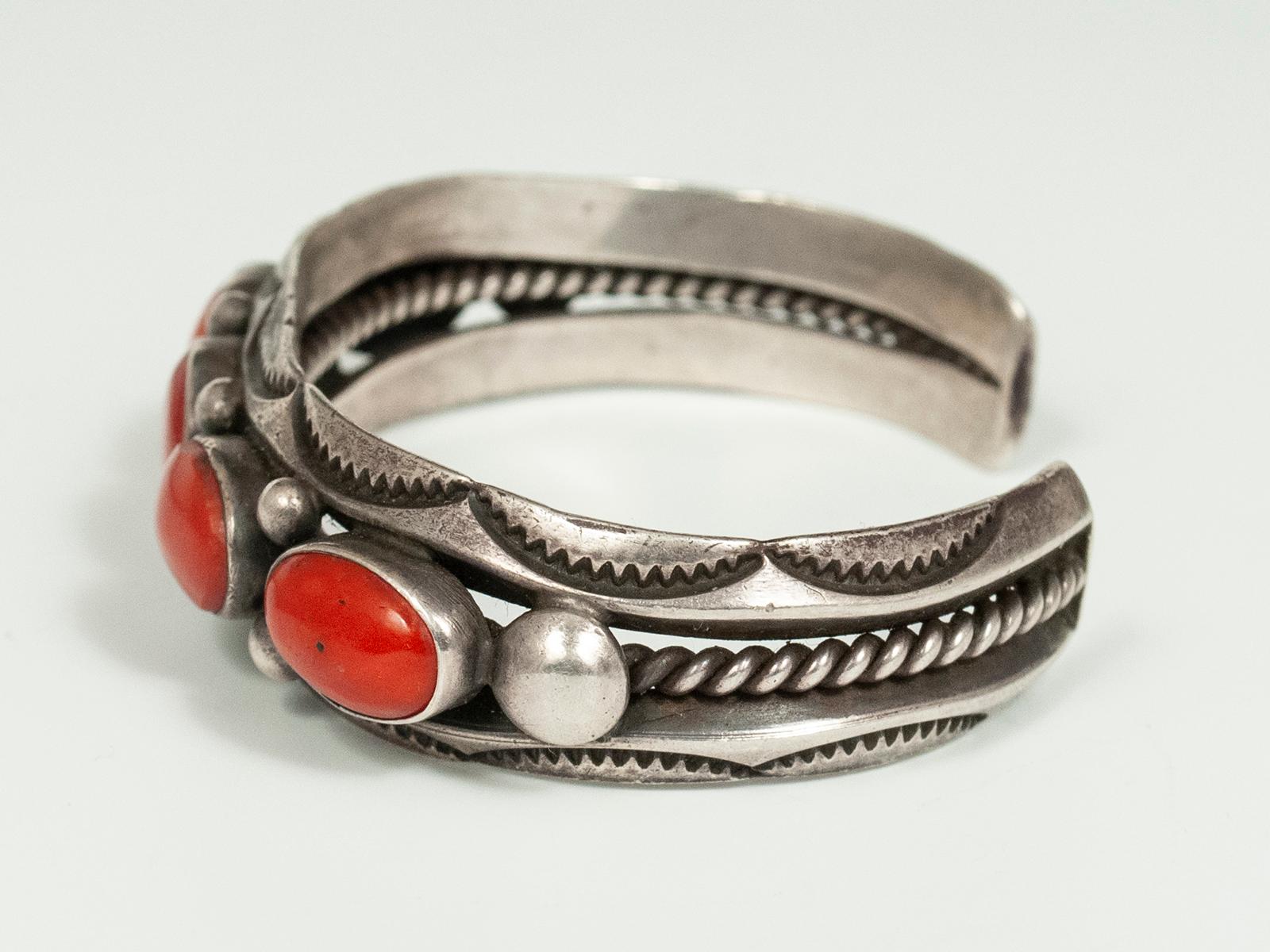 American Mid-20th Century Coral and Silver Bracelet by Fred Thompson, Navajo Jeweler