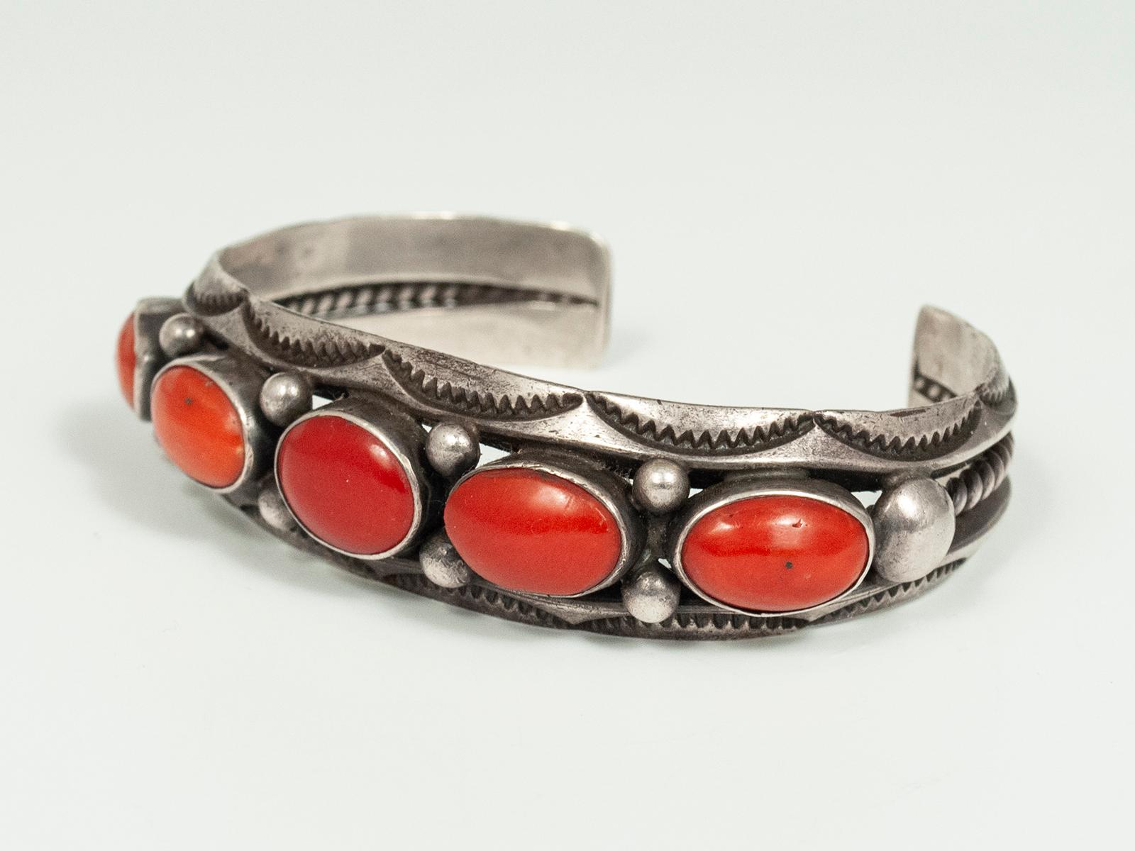 Hand-Crafted Mid-20th Century Coral and Silver Bracelet by Fred Thompson, Navajo Jeweler