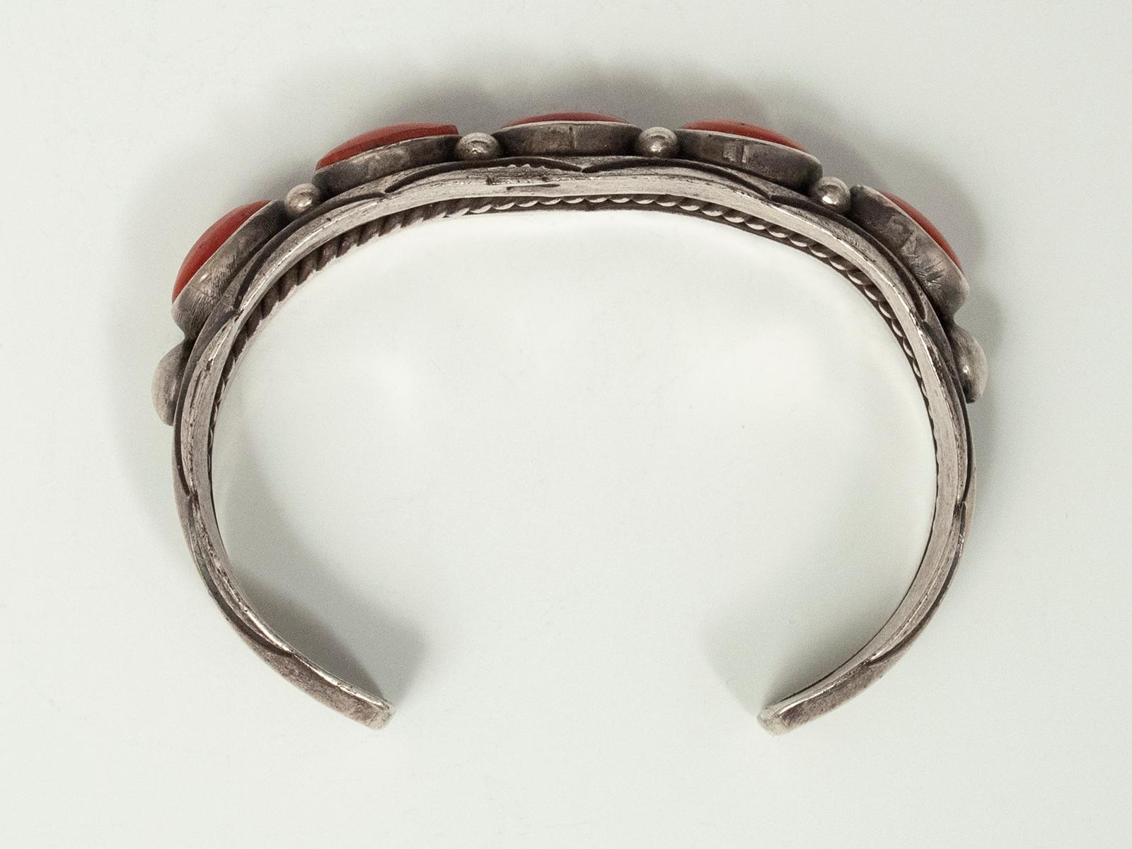 Mid-20th Century Coral and Silver Bracelet by Fred Thompson, Navajo Jeweler In Good Condition In Point Richmond, CA