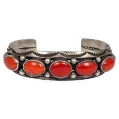 Mid-20th Century Coral and Silver Bracelet by Fred Thompson, Navajo Jeweler