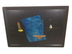 Mid 20th Century Couroc Phenolic Resin Serving Tray, Inlaid Nautical Motifs