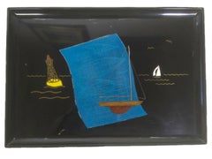 Mid 20th Century Couroc Phenolic Resin Serving Tray, Inlaid Nautical Motifs