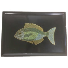 Vintage Mid 20th Century Couroc Phenolic Resin Serving Tray, Inlaid Stone & Metal Fish