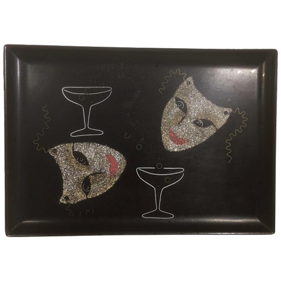 Mid 20th Century Couroc Phenolic Resin Serving Tray, Inlaid Stone & Metal Masks For Sale