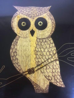 Mid 20th Century Couroc Phenolic Resin Serving Tray, Inlaid Wood and Metal Owl