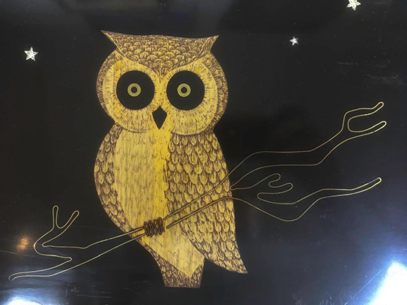 American Mid 20th Century Couroc Phenolic Resin Serving Tray, Inlaid Wood and Metal Owl