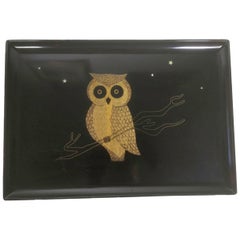 Retro Mid 20th Century Couroc Phenolic Resin Serving Tray, Inlaid Wood and Metal Owl