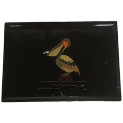 Retro Mid 20th Century Couroc Phenolic Resin Serving Tray, Wood and Metal Pelican