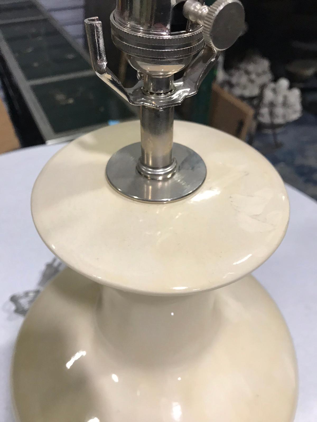 Mid-20th Century Cream Glazed Pottery Lamp on Nickel Base 1