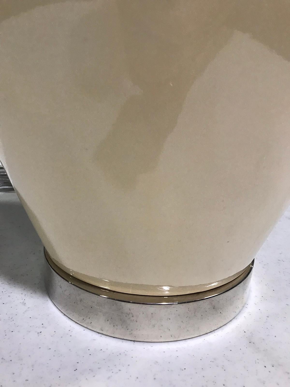 Mid-20th Century Cream Glazed Pottery Lamp on Nickel Base 4