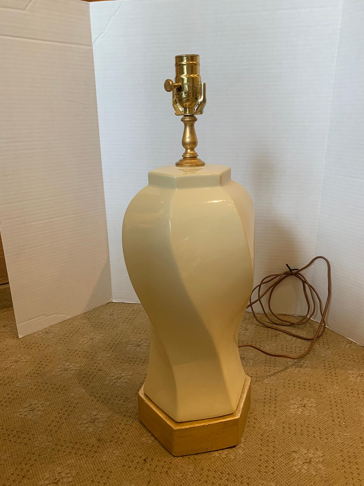 Mid-20th Century Cream Porcelain Lamp on Custom Giltwood Base 1