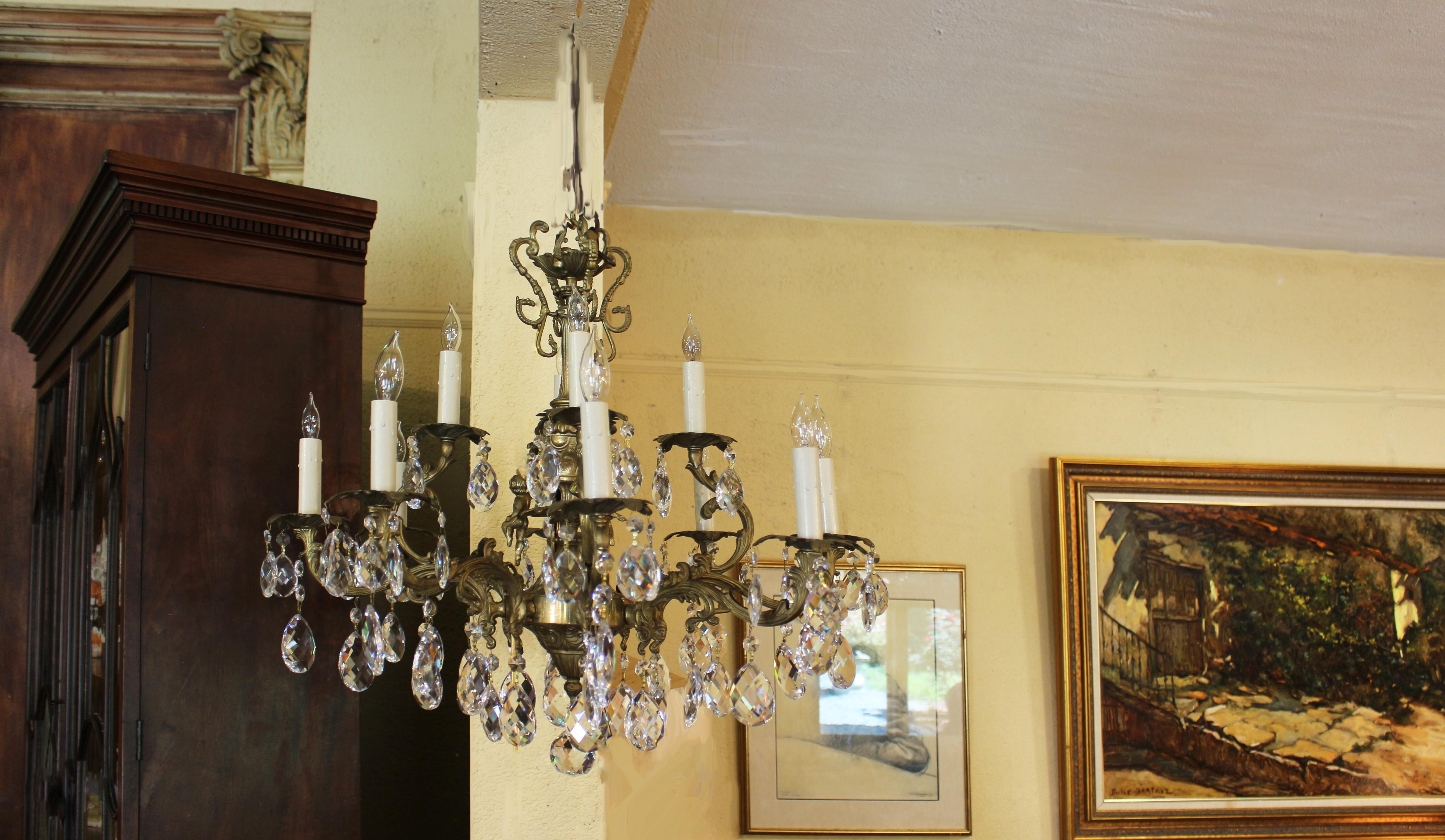 Mid-20th Century Crystal & Bronze 12-Light Chandlier In Good Condition In Chapel Hill, NC